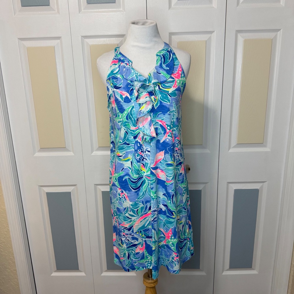 Lilly Pulitzer Sleeveless Halter Ruffle Neck Shift Dress Blue Floral Print
 Sz S